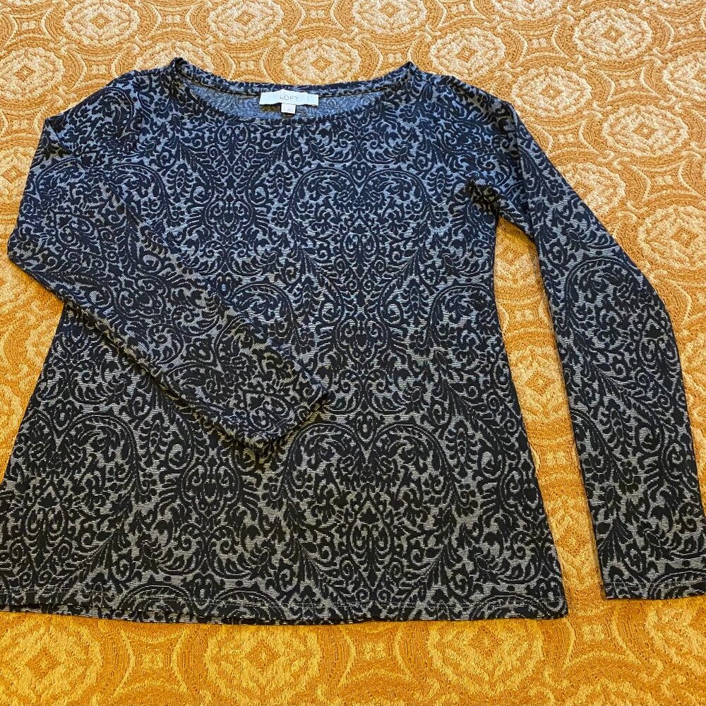 Loft Black Embossed Long Sleeve Top Size Small -- Holiday Look